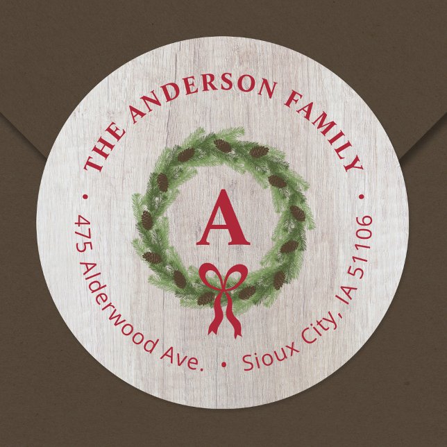 Adesivo Redondo Pine Wreath Monograma Endereço de devolução de fer (Criador carregado)