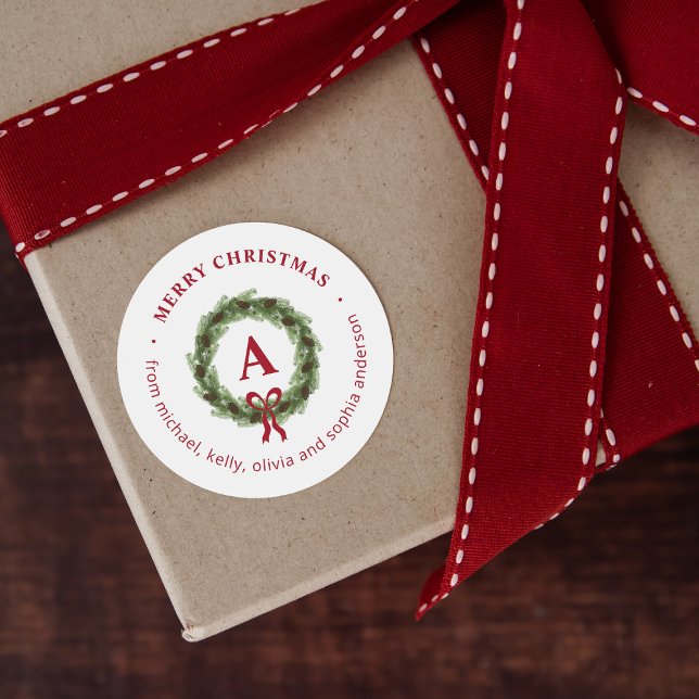 Adesivo Redondo Pine Wreath Monograma Feliz Natal (Criador carregado)