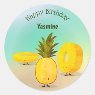 Adesivo Redondo Pineapple Cartoon Happy Birthday Sticker