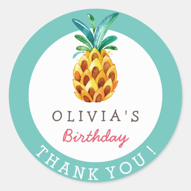 Adesivo Redondo Pineapple Luau Tropical Birday Obrigado Sticker (Frente)