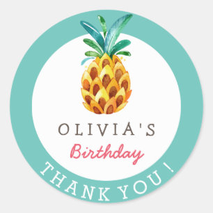 Adesivo Redondo Pineapple Luau Tropical Birday Obrigado Sticker
