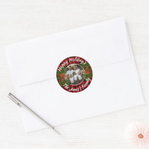 Adesivo Redondo pineges de xadrez vermelha personalizados do Natal