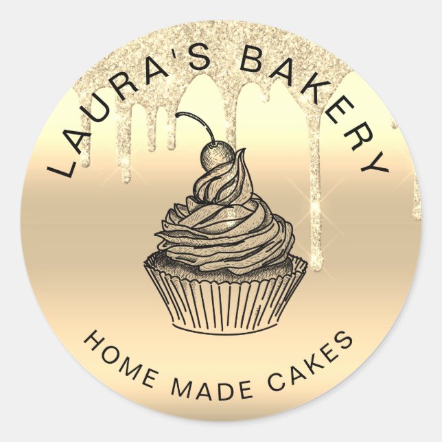 Adesivo Redondo pingando bolos de ouro padaria doces de chocolate  (Frente)
