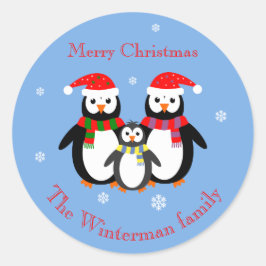 Adesivo Redondo Pingins de natal bonitos com texto editável azul