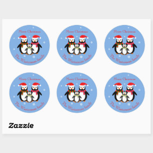 Adesivo Redondo Pingins de Natal bonitos editados texto azul