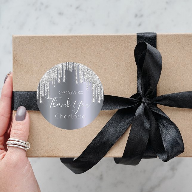 Adesivo Redondo Pingo de brilho de prata nome obrigado (Criador carregado)