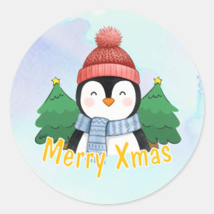Adesivo Redondo Pinguim Animal Fofo Aquarela Azul Natal Alegre