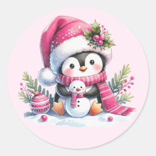 Adesivo Redondo Pinguim bonito e bonitão rosa no Natal