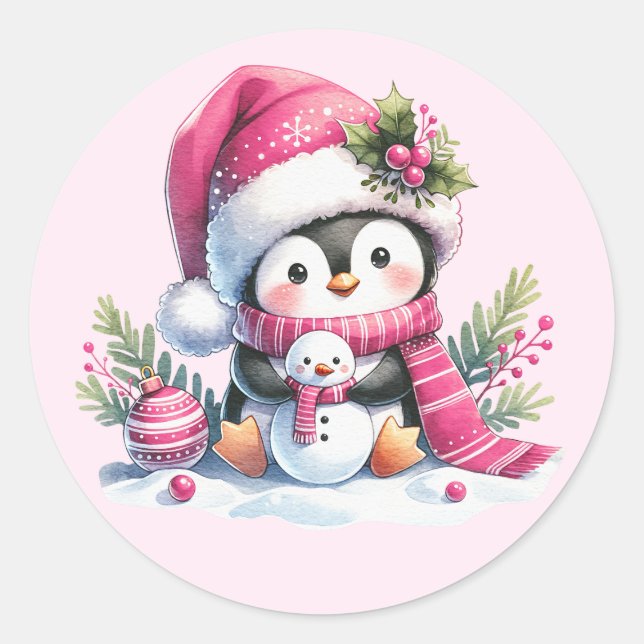 Adesivo Redondo Pinguim bonito e bonitão rosa no Natal (Frente)