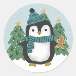 Adesivo Redondo Pinguim bonito e pão-de-gengala Natal