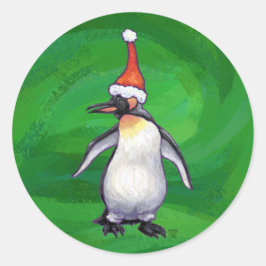 Adesivo Redondo Pinguim bonito em Santa Chapéu em Verde