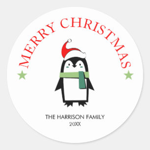 Adesivo Redondo Pinguim Bonito Moderno com Natal De Papai Noel