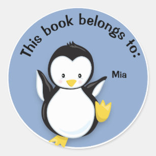 Adesivo Redondo Pinguim bonito no nome do livro azul Pasta de pape