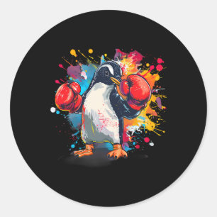 Adesivo Redondo Pinguim Boxeador Com Luvas de Boxe Kickboxing Engr
