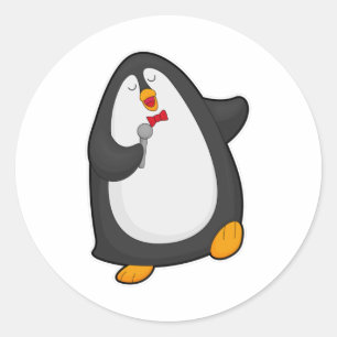 Adesivo Redondo Pinguim cantando com microfone e gravata