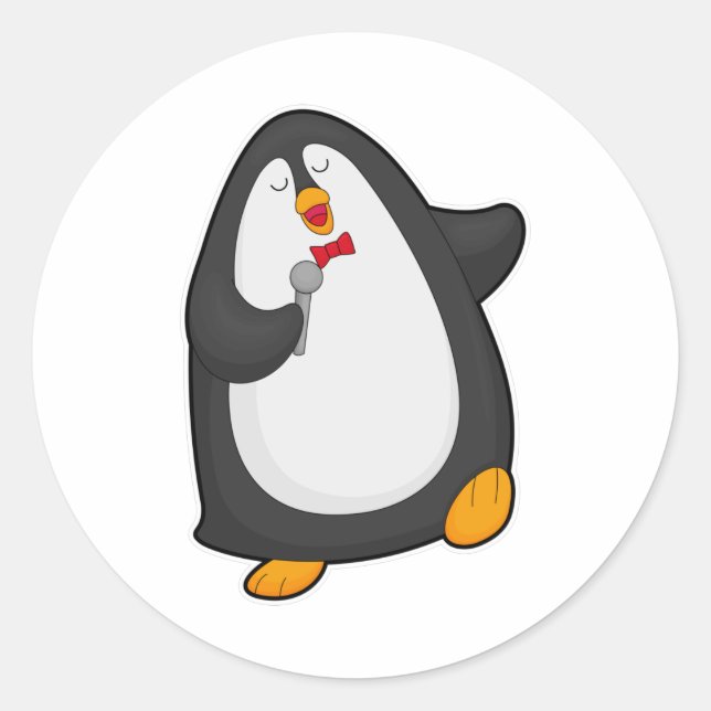 Adesivo Redondo Pinguim cantando com microfone e gravata (Frente)