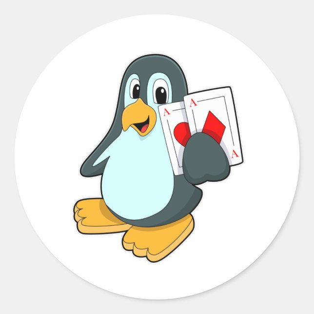 Adesivo Redondo Pinguim com cartões Poker (Frente)