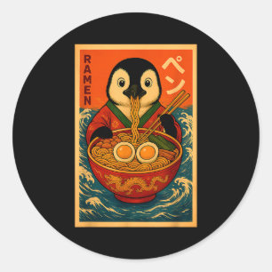 Adesivo Redondo Pinguim Comendo Macarrão Japonês Ramen Engraçado