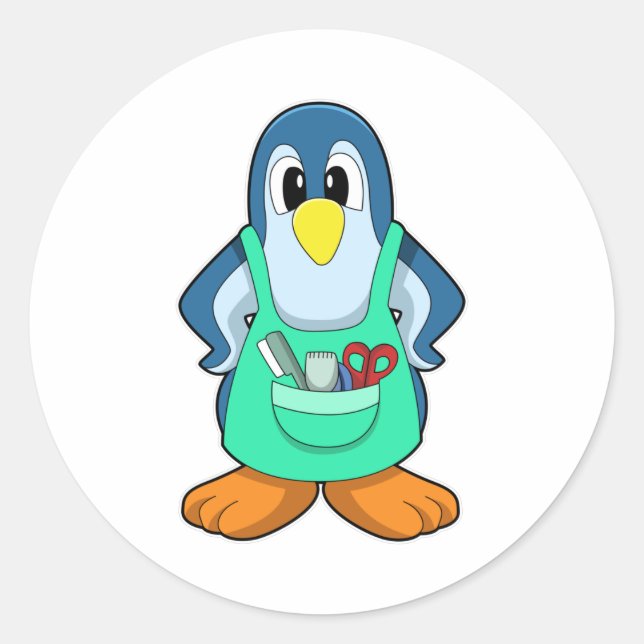 Adesivo Redondo Pinguim como cabeleireiro com tesoura & Razor (Frente)