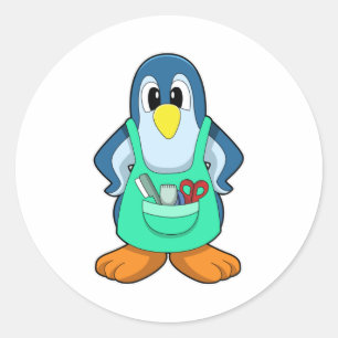Adesivo Redondo Pinguim como cabeleireiro com tesoura & Razor