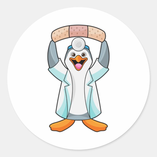 Adesivo Redondo Pinguim como Médico com Plaster (Frente)