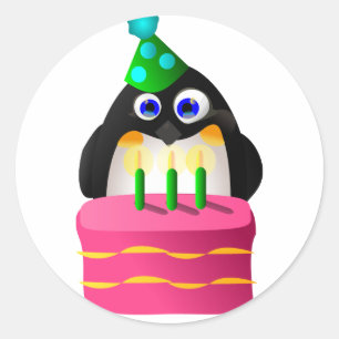 Adesivo Redondo Pinguim De Aniversário Com Bolo