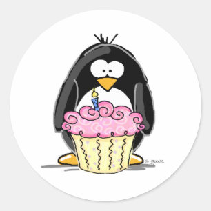 Adesivo Redondo Pinguim de aniversário com Cupcake