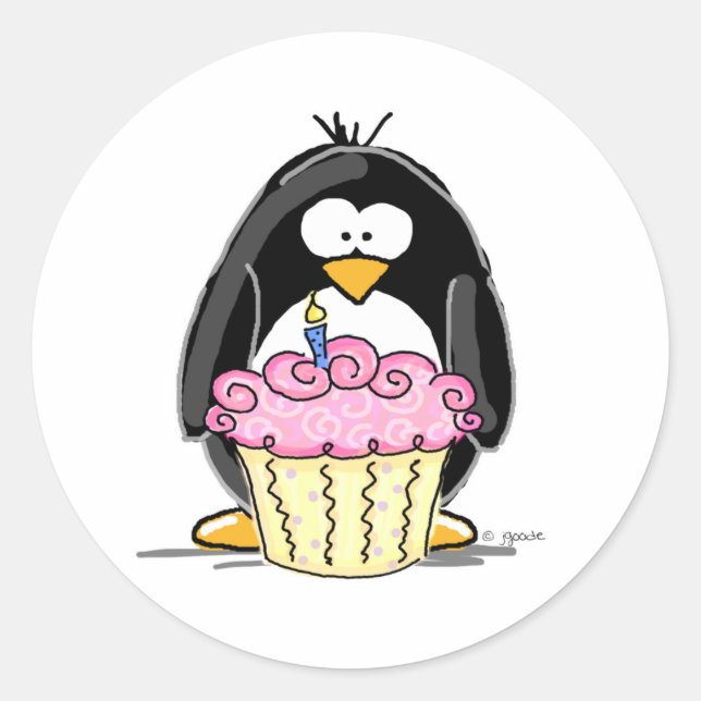 Adesivo Redondo Pinguim de aniversário com Cupcake (Frente)