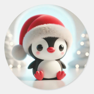 Adesivo Redondo Pinguim de Desenho Animado Alegre Usando Chapéu de