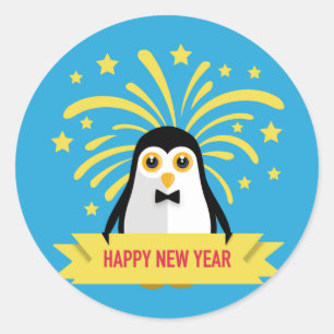 Adesivo Redondo Pinguim de Feliz ano novo Adorável com Fireworks