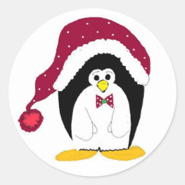 Adesivo Redondo Pinguim de Férias em Chapéu Vermelho