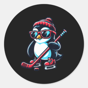 Adesivo Redondo Pinguim De Hóquei No Gelo Engraçado E Bonito Para