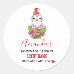 Adesivo Redondo Pinguim de Natal bonito na Vela Santa Hat