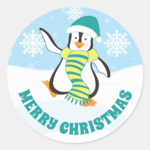 Adesivo Redondo Pinguim de Natal com Chapéu Azul Turquesa e Amarel