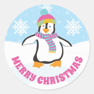 Adesivo Redondo Pinguim de Natal com Chapéu Rosa e Azul Fofo