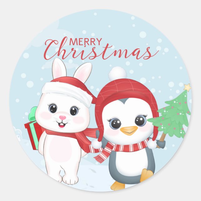 Adesivo Redondo Pinguim de Natal e Coelhinho (Frente)
