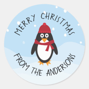 Adesivo Redondo Pinguim de Natal feliz para os feriados