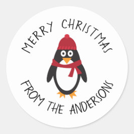 Adesivo Redondo Pinguim de Natal feliz para os feriados
