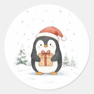 Adesivo Redondo Pinguim de Natal Fofo com Presente e Chapéu de Pap