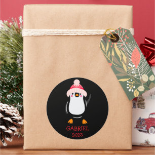 Adesivo Redondo Pinguim de Natal Gelado Personalizado em Chapéu Ve