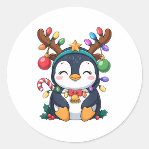 Adesivo Redondo Pinguim de Natal Luzes de Rena Férias Animal K