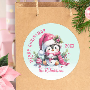 Adesivo Redondo Pinguim de Natal Merry Verde e Rosa