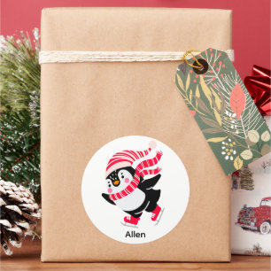 Adesivo Redondo Pinguim de Natal num Chapéu e Escarpo em Skates