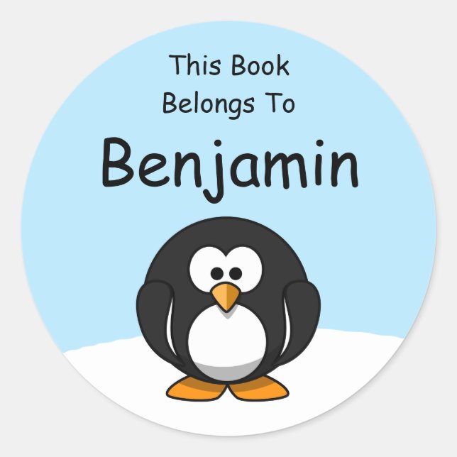Adesivo Redondo Pinguim de Neve Cartoon Este Livro Pertence A (Frente)