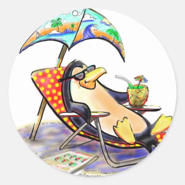 Adesivo Redondo pinguim de praia (Frente)