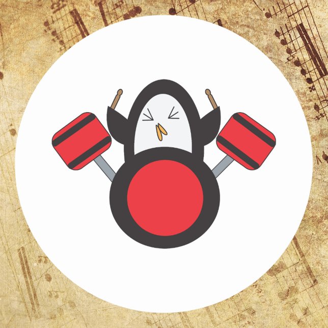 Adesivo Redondo Pinguim Drummer Cute (A sticker featuring a cute penguin playing the drums.)
