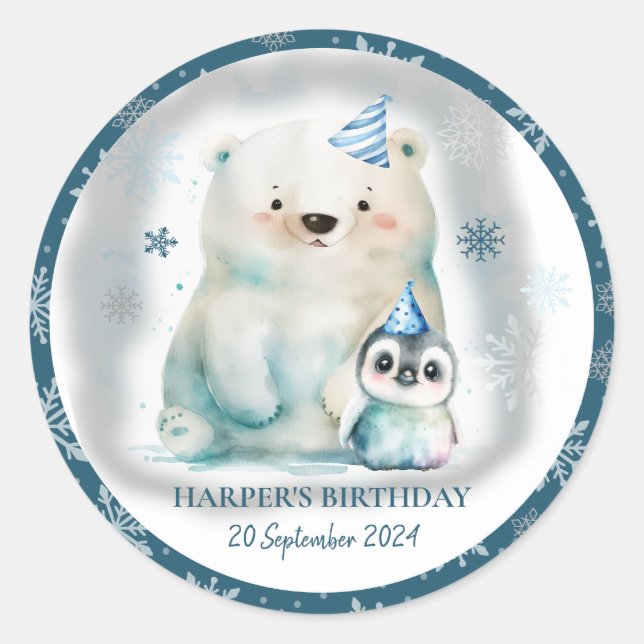 Adesivo Redondo Pinguim e Urso Polar Aniversário de inverno (Frente)