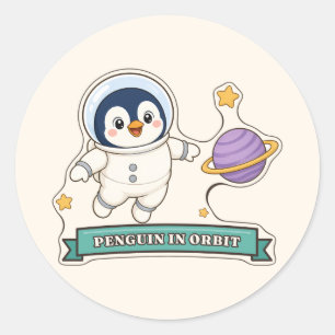 Adesivo Redondo Pinguim em Órbita Pinguim Astronauta Fofo