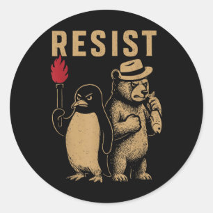 Adesivo Redondo Pinguim Engraçado Resiste Pinguins em Protesto Con