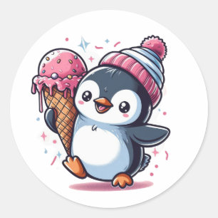 Adesivo Redondo Pinguim feliz com Sorvete Cone Sticker